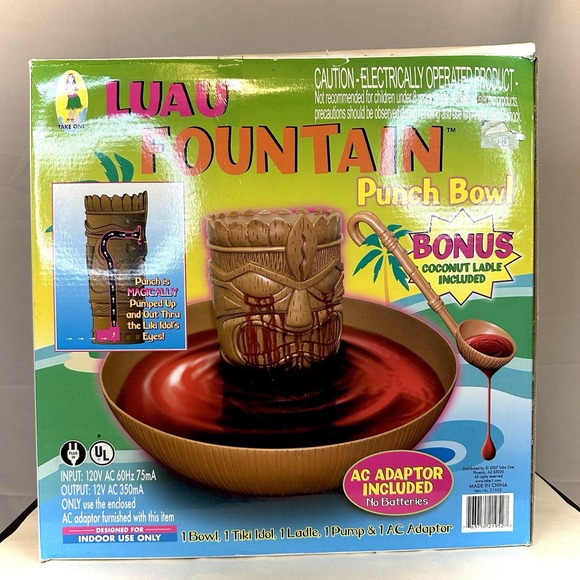 NEW Luau Tiki Fountain Punch Bowl w/ Bonus Plastic Coconut Ladle Bleeding Eyes - Picture 1 of 3